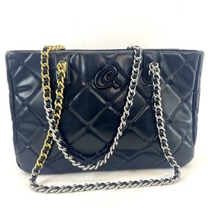 Axel Greek Design Quilted Shoulder Bag Black Chain Strap Tote Purse Medium 13"‎